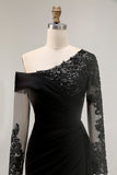 Black Sheath Asymmetrical Long Mother of the Bride Dress with Lace Appliques