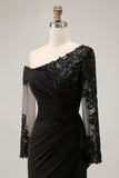 Black Sheath Asymmetrical Long Mother of the Bride Dress with Lace Appliques