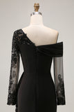Black Sheath Asymmetrical Long Mother of the Bride Dress with Lace Appliques