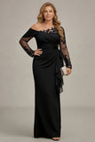 Black Sheath Long Sleeves Ruched Plus Size Mother of the Bride Dress