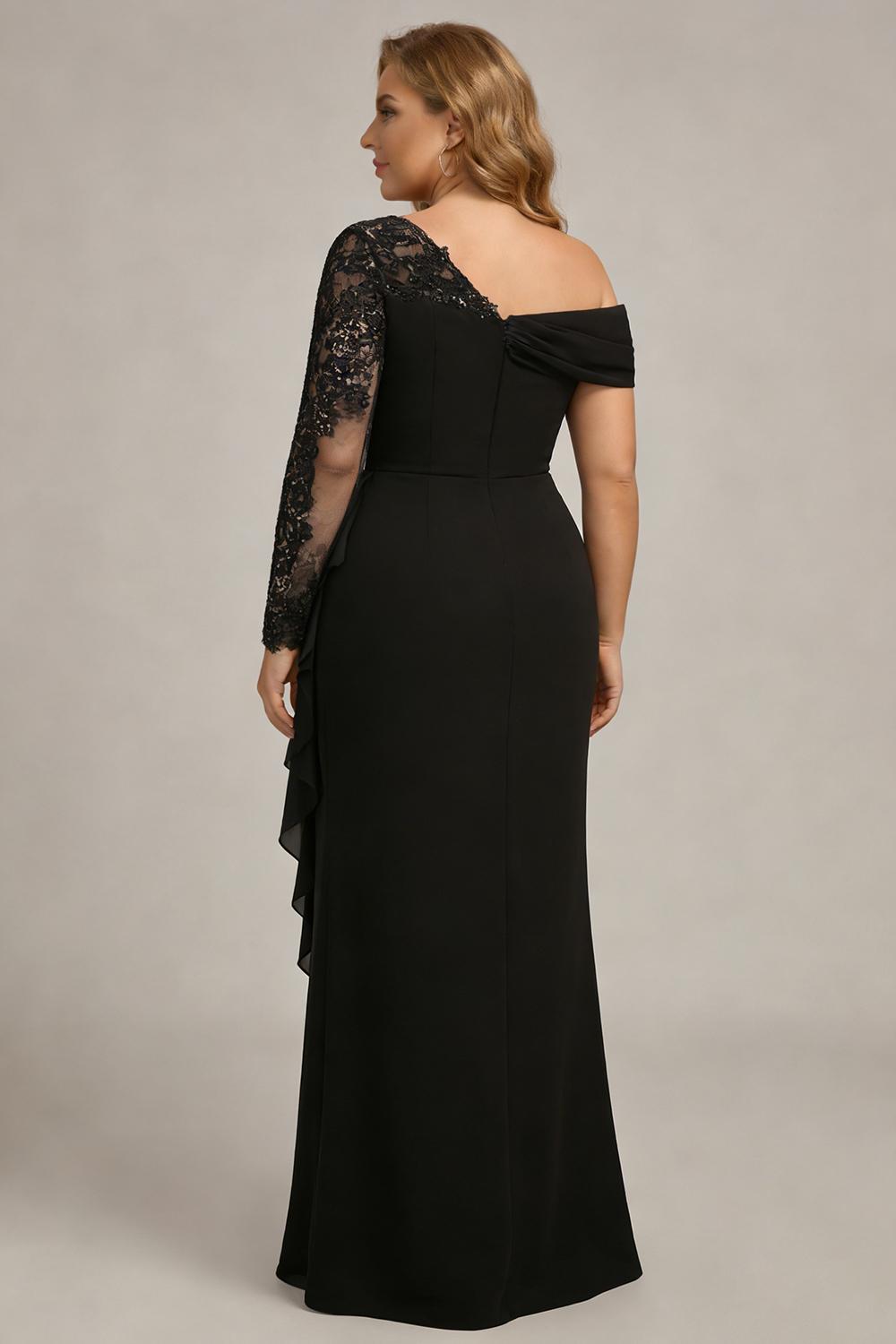 plus size black wedding guest dresses Zapaka Women Plus Size Black Long Mother of the Bride Dress with Ruffles Sheath Long Sleeves Ruched Wedding Guest Dress, Black / US14