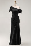 Black Long Mermaid Asymmetrical Mother of the Bride Dress with Appliques
