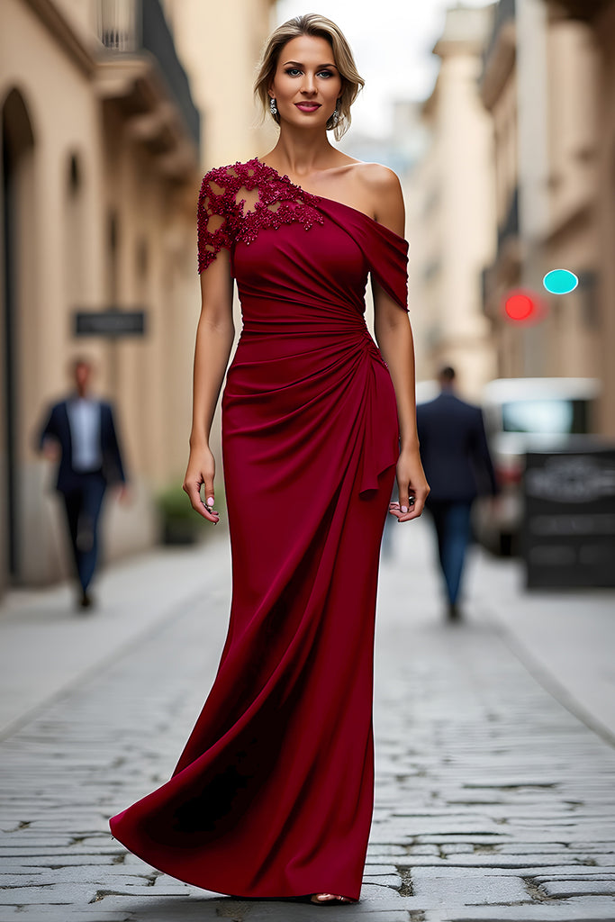 A-Line/Princess Round Neck Short Sleeves Asymmetrical Plus Size Mother of the Bride Dress with Appliques main image 1