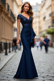 Mermaid V-Neck Long Navy Mother of the Bride Dress with Sash