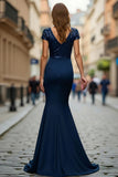 Navy Mermaid V-Neck Sequin Long Choir Dress with Sash
