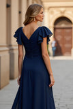 V-Neck Ruched Chiffon A Line Burgundy Mother of the Bride Dress