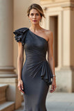 Mermaid One Shoulder Steel Grey Satin Mother of the Bride Dress with Appliques