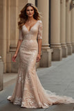 Champagne Sweep Train Mermaid V-Neck Mother of the Bride Dress with Appliques
