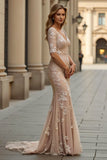 Champagne Sweep Train Mermaid V-Neck Mother of the Bride Dress with Appliques