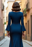 Navy V-Neck Stretch Satin A Line Mother of the Bride Dress