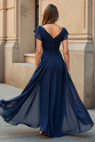 Pine Long Chiffon A Line V-Neck Mother of the Bride Dress