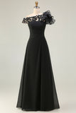 Black A Line One Shoulder Long Choir Dress with Lace Appliques