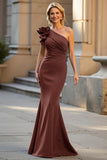 Black One Shoulder Ruched Satin Mermaid Mother of the Bride Dress with 3D Flower