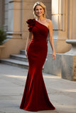 Black One Shoulder Ruched Satin Mermaid Mother of the Bride Dress with 3D Flower
