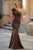 Black One Shoulder Ruched Satin Mermaid Mother of the Bride Dress with 3D Flower