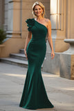 Black One Shoulder Ruched Satin Mermaid Mother of the Bride Dress with 3D Flower