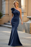 Black One Shoulder Ruched Satin Mermaid Mother of the Bride Dress with 3D Flower