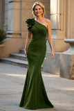 Black One Shoulder Ruched Satin Mermaid Mother of the Bride Dress with 3D Flower