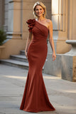 Black One Shoulder Ruched Satin Mermaid Mother of the Bride Dress with 3D Flower