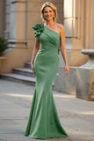 Black One Shoulder Ruched Satin Mermaid Mother of the Bride Dress with 3D Flower