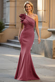 Black One Shoulder Ruched Satin Mermaid Mother of the Bride Dress with 3D Flower