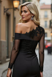 Black Chiffon Sheath Asymmetrical Mother of the Bride Dress with Lace Appliques