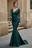 Mermaid Sweep Train Stretch Satin Pine Mother of the Bride Dress with Lace Appliques