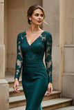 Mermaid Sweep Train Stretch Satin Pine Mother of the Bride Dress with Lace Appliques