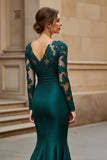 Mermaid Sweep Train Stretch Satin Pine Mother of the Bride Dress with Lace Appliques