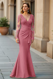 Mermaid V-Neck Long Pine Mother of the Bride Dress with Lace Appliques