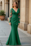 Mermaid V-Neck Long Pine Mother of the Bride Dress with Lace Appliques