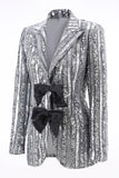 Sparkly Silver Grey Peak Lapel Women's Prom Blazer with Bows