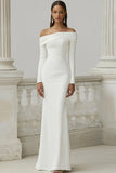 Ivory Matte Satin Sheath Off the Shoulder Engagament Dress
