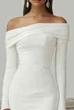 Ivory Matte Satin Sheath Off the Shoulder Engagament Dress