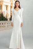V Neck Ivory Sheath Satin Engagement Dress with Long Sleeves