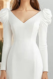 V Neck Ivory Sheath Satin Engagement Dress with Long Sleeves