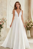 Simple A Line V Neck Ivory Wedding Dress