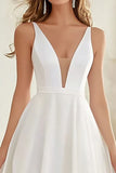 Simple A Line V Neck Ivory Wedding Dress