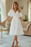 Chiffon Ivory A Line Puff Sleeve Midi Graduation Dress