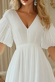 Chiffon Ivory A Line Puff Sleeve Midi Graduation Dress