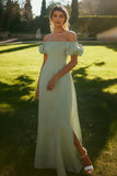 Ivory Satin Puff Sleeves Long Rehearsal Dinner Dress with Slit