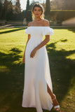 Ivory Satin Puff Sleeves Long Rehearsal Dinner Dress with Slit
