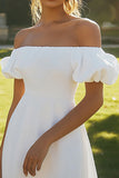 Ivory Satin Puff Sleeves Long Rehearsal Dinner Dress with Slit