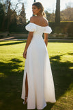 Ivory Satin Puff Sleeves Long Rehearsal Dinner Dress with Slit