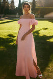Ivory Satin Puff Sleeves Long Rehearsal Dinner Dress with Slit