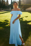 Ivory Satin Puff Sleeves Long Rehearsal Dinner Dress with Slit