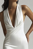 Ivory Deep V-Neck Satin Mermaid Long Wedding Reception Dress