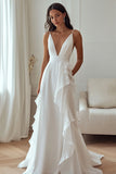 Ivory Chiffon Deep V-Neck Long Rehearsal Dinner Dress with Ruffles