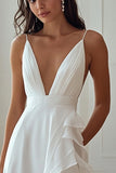 Ivory Chiffon Deep V-Neck Long Rehearsal Dinner Dress with Ruffles