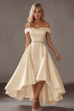 Ivory Satin A Line High Low Engagement Dress with Rhinestones